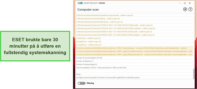 Skjermbilde av ESETs komplette systemskanning