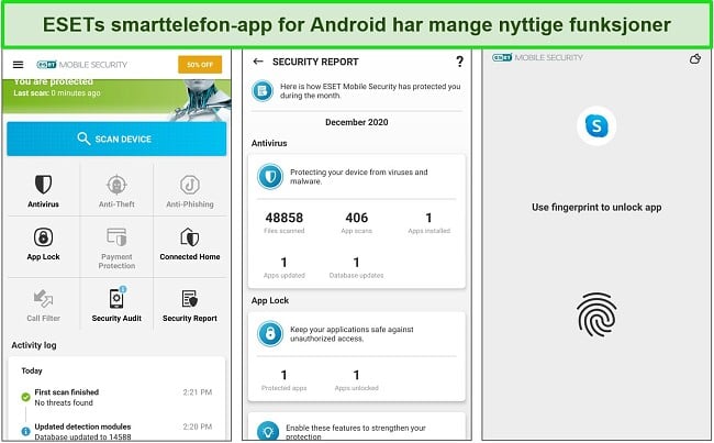 Skjermbilde av ESET Mobile Security-menyene