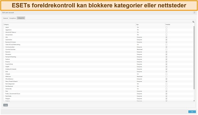 Skjermbilde av ESETs foreldrekontroll