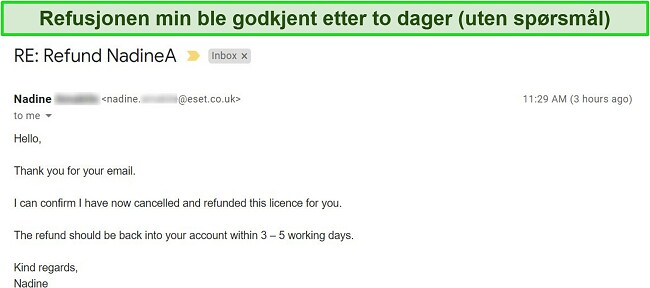 Skjermbilde av e-post for godkjenning av refusjon fra ESET-støtte