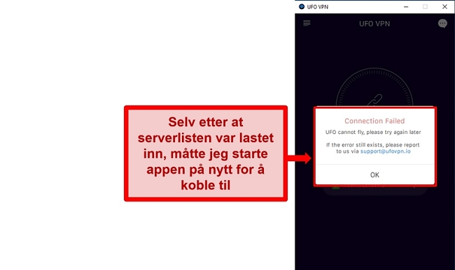 Skjermbilde av UFO VPNs tilkoblingsfeil