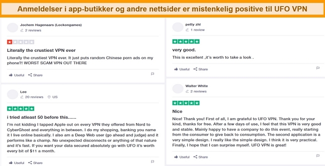 Skjermbilde av UFO VPN-anmeldelser på Trustpilot.com