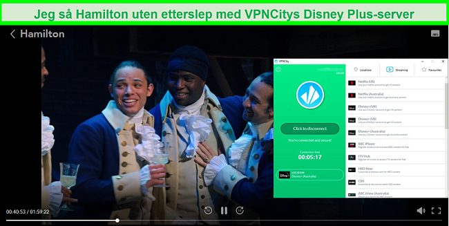 Skjermbilde av Hamilton som spiller på Disney + mens den er koblet til VPNCitys DIsney Plus Australia streaming-server