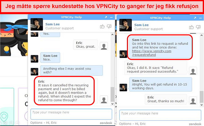 Skjermbilde av en samtale med VPNCity live chat som viser prosessen for forespørsel om refusjon