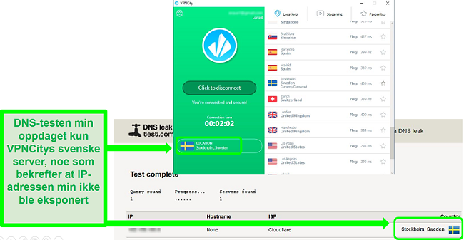 Skjermbilde av VPNCity koblet til en Sverige-server og bestått en DNS-lekkasjetest