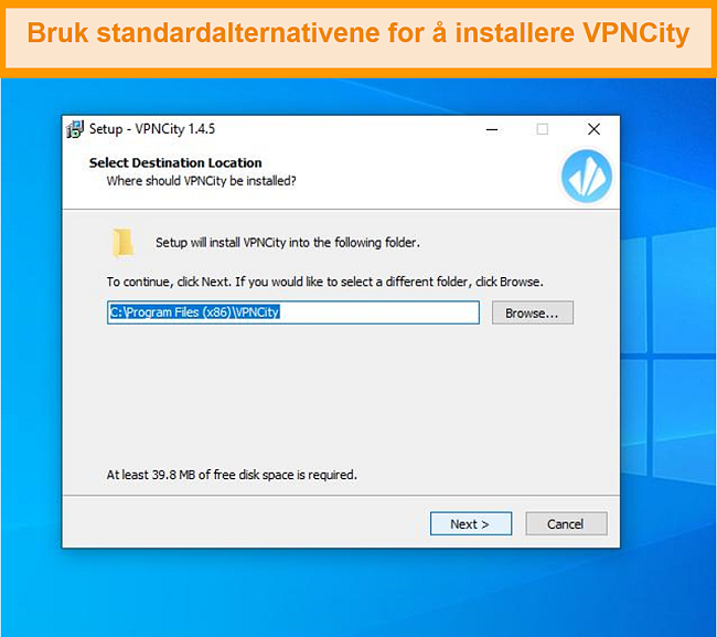 Skjermbilde fra VPNCitys installasjonsskjermer