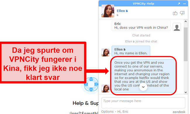 Skjermbilde av VPNCity.coms støtte for live chat