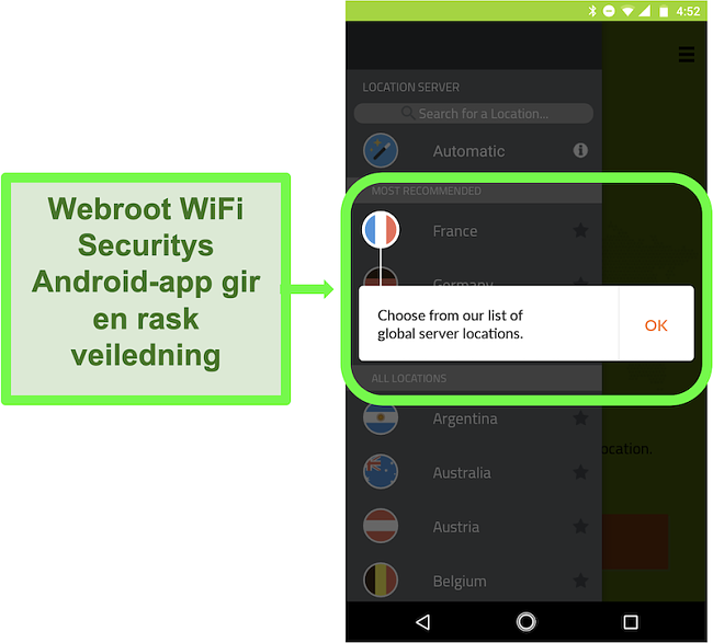 Skjermbilde av Webroot WiFi Securitys Android-app som gir en brukerveiledning