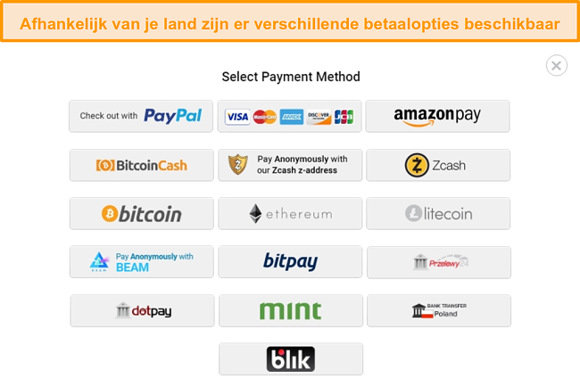 Schermafbeelding van de mogelijke betalingsmethoden bij het aanmelden voor Privé-internettoegang