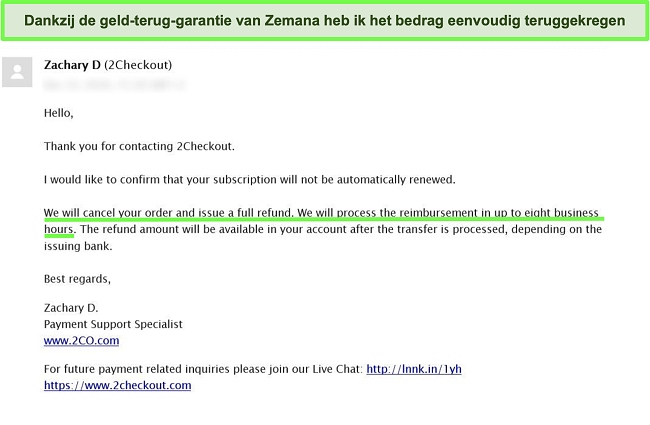 Screenshot van een gebruiker die via e-mail een terugbetaling aanvraagt bij Zemana antivirus door gebruik te maken van de geld-terug-garantie