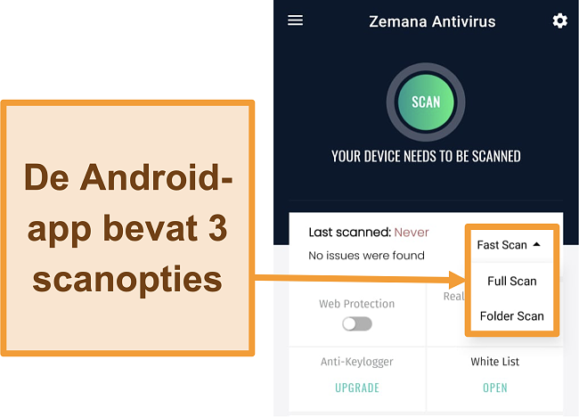 Screenshot van de Android-app van Zemana met gemarkeerde scantypes.