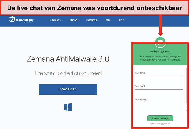Schermafbeelding van de livechatfunctie van Zemana die op dat moment niet beschikbaar was.