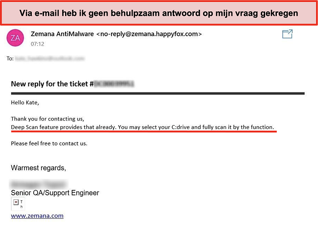 Screenshot van e-mailreactie op een online klantenondersteuningsticket met onjuiste informatie.