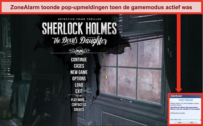 Screenshot van de pop-upmelding van ZoneAlarm wanneer de spelmodus actief is