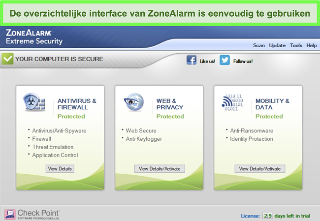 Screenshot van de hoofdinterface van ZoneAlarm voor de Windows-app.