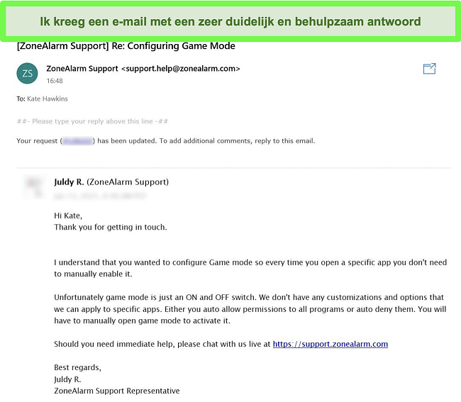 Screenshot van ZoneAlarm's antwoord op een e-mailticket op een vraag van de klantondersteuning.