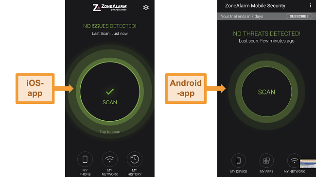 Screenshot van de Android- en iOS-apps van ZoneAlarm.
