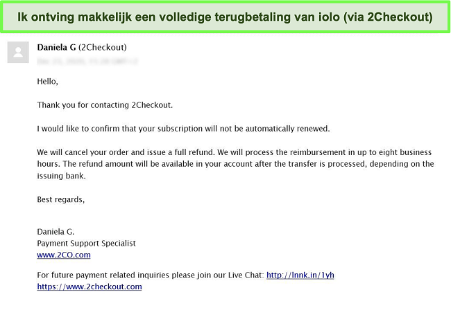 Screenshot van een gebruiker die via e-mail een terugbetaling voor iolo antivirus aanvraagt bij het klantenserviceteam van 2Checkout