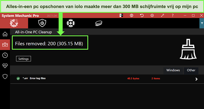 Schermafbeelding van de All-in-One PC Cleanup-functie van iolo die meer dan 300 MB aan ongewenste bestanden heeft gewist.