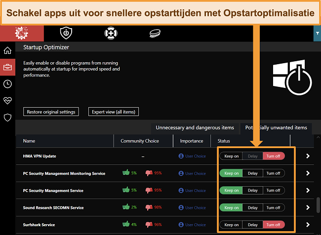 Screenshot van het beheren van apps met iolo's startup optimizer