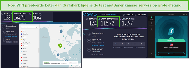 Screenshot van NordVPN en Surfshark die een Amerikaanse snelheidstest uitvoeren.