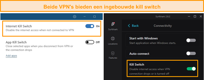 Screenshot van de geïntegreerde kill-switches van NordVPN en Surfshark.