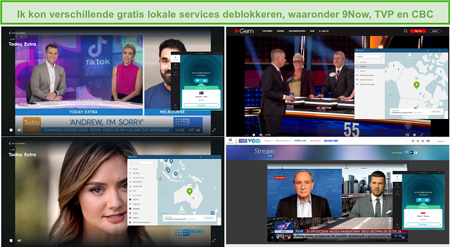 Screenshot van NordVPN en Surfshark die verschillende lokale tv-stations deblokkeren, waaronder 9Now, TVP en CBC.