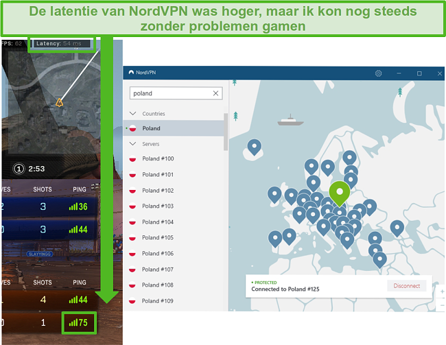 Screenshot van de latentieresultaten van Call of Duty: Warzone en Rocket League tijdens het gamen met NordVPN verbonden.