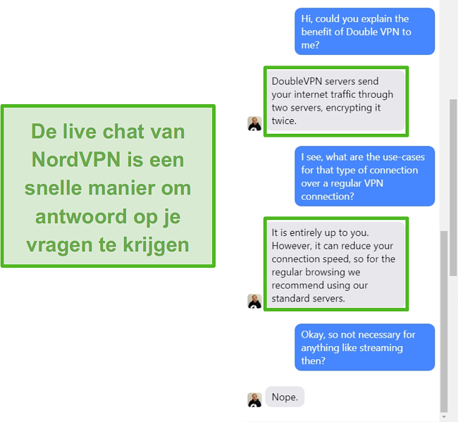 Screenshot van NordVPN live chat-assistentie.