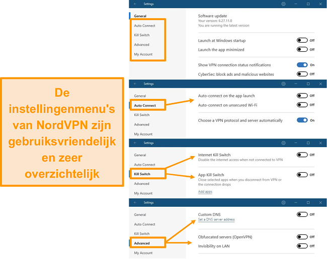 Screenshot van de desktopmenu's van NordVPN.