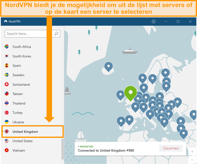 Screenshot van NordVPN verbonden met een Britse server.