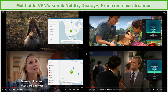 Screenshot van NordVPN en Surfshark die verschillende tv-programma's en films op Netflix en Disney + deblokkeren.