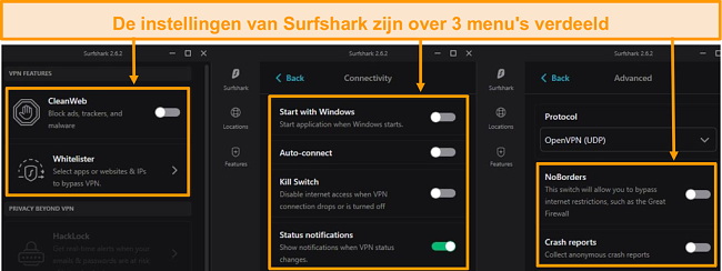 Screenshot van de bureaubladmenu's van Surfshark.