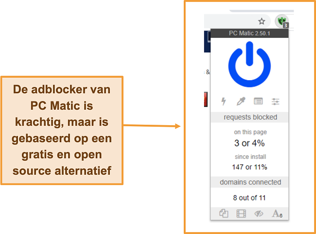 Screenshot van de adblocker van PC Matic.