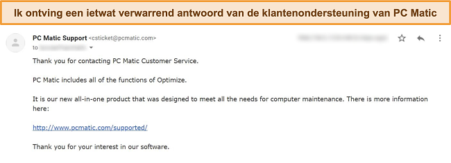 Screenshot van PC Matic e-mailondersteuningsreactie