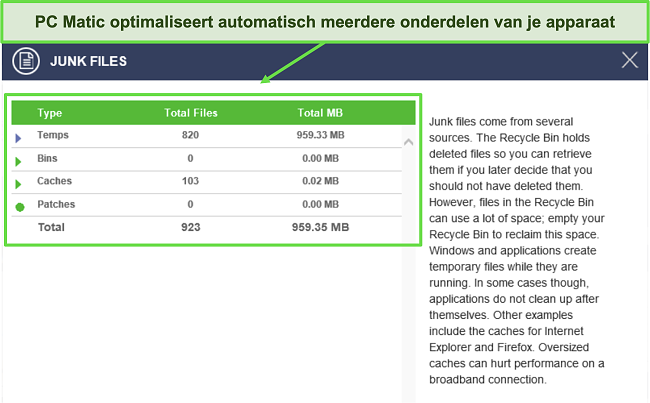 Screenshot van de optimalisatie-informatie na de scan van PC Matic.