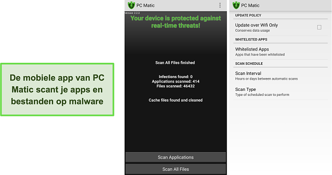 Screenshot van de Android-interface van PC Matic.