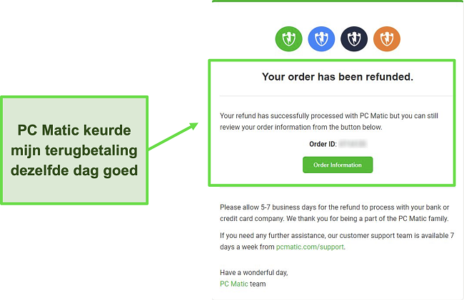 Screenshot van de bevestigingsmail van de terugbetaling van PC Matic.