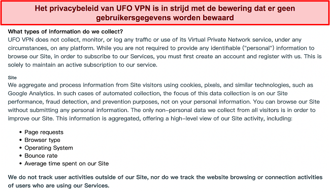 Screenshot van een fragment uit het privacybeleid van Private Tunnel