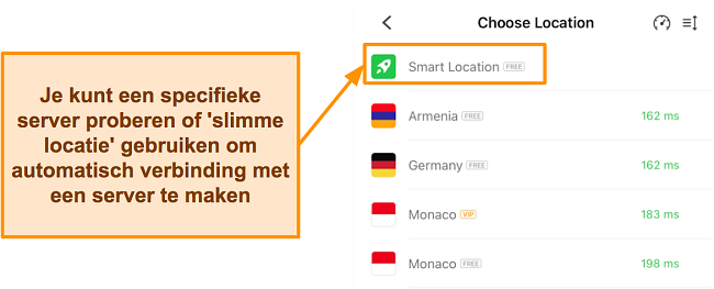 Screenshot van de serverselectie-interface voor UFO VPN