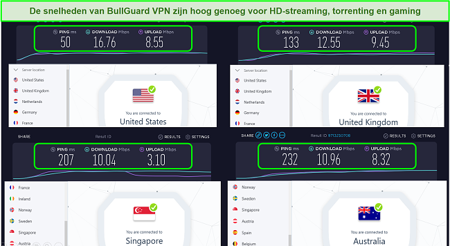 Een screenshot van serverlocaties in de VS, het VK, Singapore en Australië en de bijbehorende snelheden.