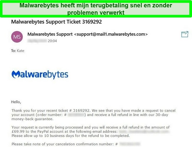 Screenshot van het restitutieproces van Malwarebytes met een e-mailantwoord op een ticket voor een restitutieverzoek.