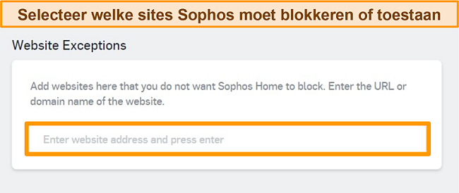Schermafbeelding van Sophos-antivirus en zijn website-uitzonderingen op het dashboard