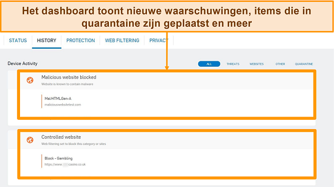 Screenshot van Sophos-antivirus en het waarschuwingslogboek op het dashboard van de app