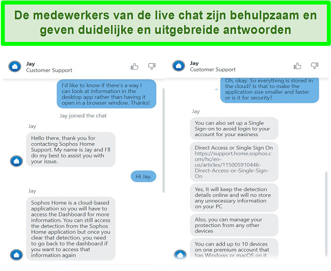 Screenshot van Sophos live chat die vragen beantwoordt.