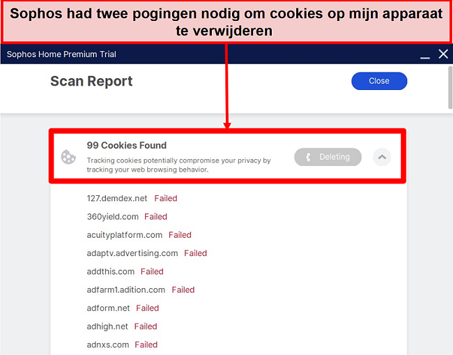 Screenshot van Sophos na het uitvoeren van een scan en het niet verwijderen van meerdere cookies.