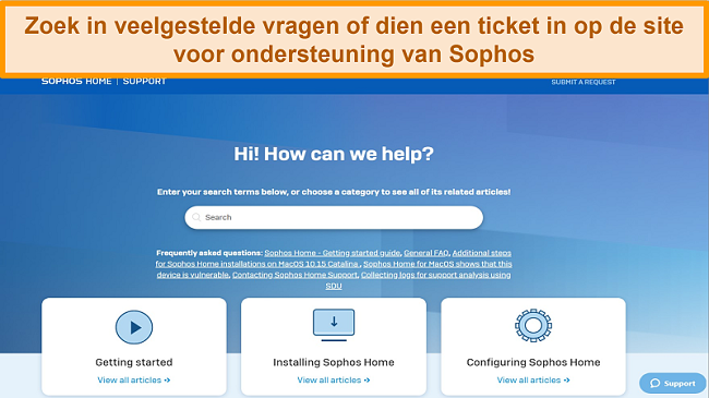Screenshot van de Sophos-ondersteuningssite.