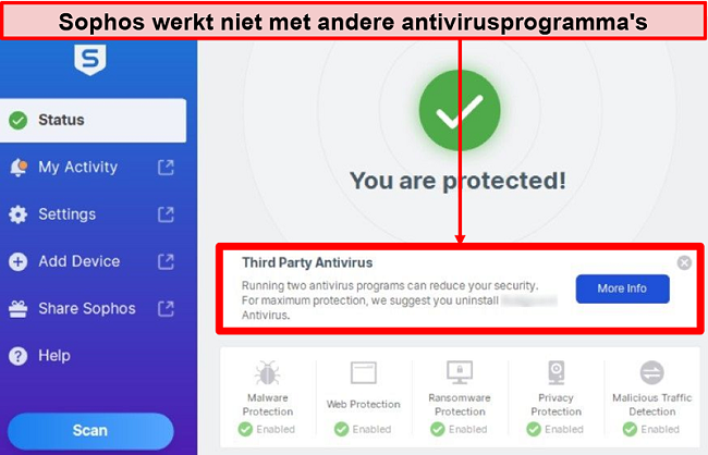 Schermafbeelding van de Sophos-desktop-app met een melding van een antivirusprogramma van derden gemarkeerd