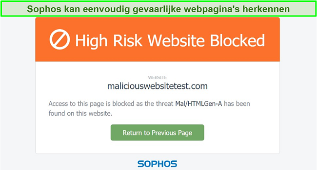 Screenshot van Sophos die een site blokkeert die malware host.