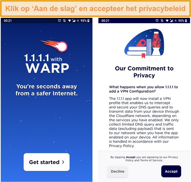 Schermafbeelding met WARP ingesteld bij het starten van de app